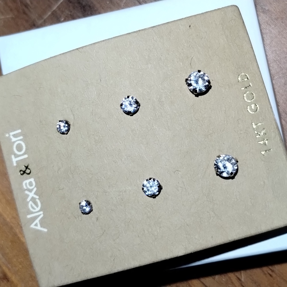 14kt 3 pair earring studs CZ faceted sm/med/lg nwt Alexa & Tori